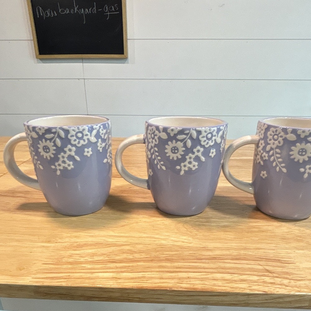 Sur La Table Purple/White Floral Earthenware Coffee Mug Set, 12 fl oz, 3pc